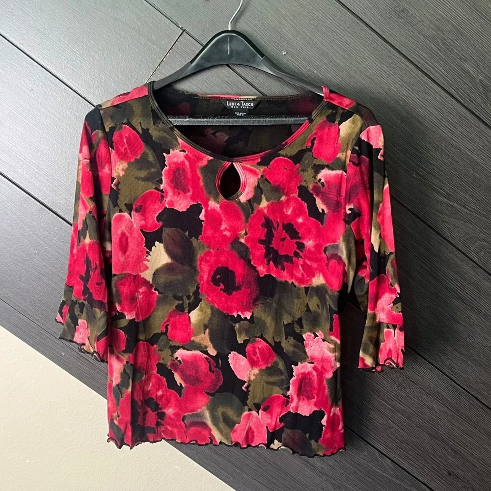 Lexi & Tasch Women Floral Micro Mesh Keyhole Top Large Pink Black Y2K Fairycore